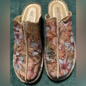 Josef Seibel, leather slip on mules, patterned, worn once, EUC.